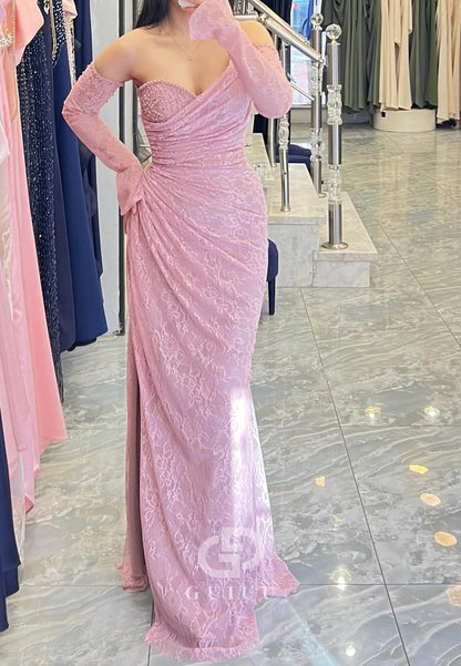 Blushing Pink Long Sleeves Off-Shoulder Slit Ruched Prom Dress