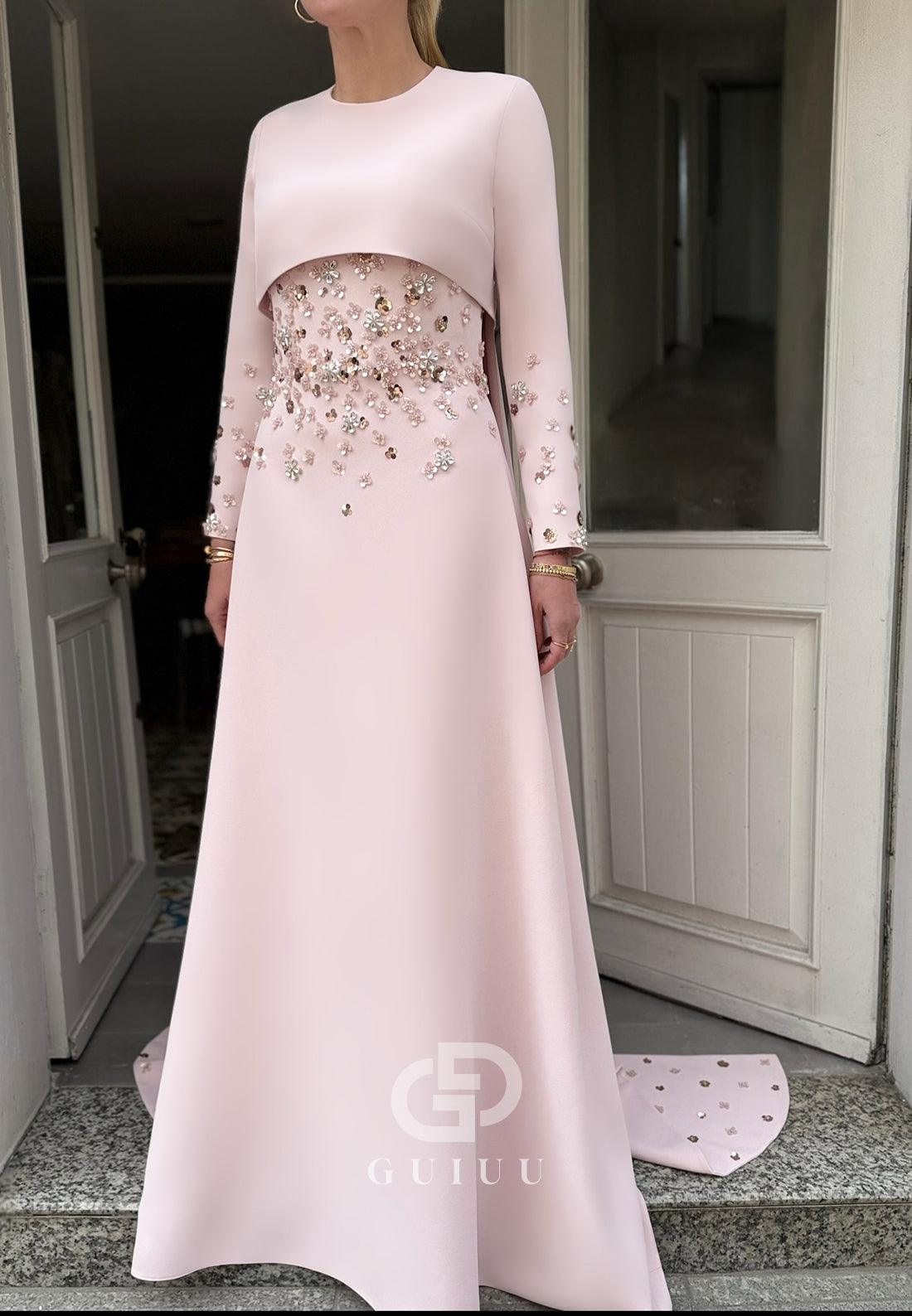 Blushing Pink Long Sleeves Scoop Sequins A-Line Evening Dress