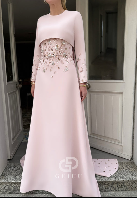 Blushing Pink Long Sleeves Scoop Sequins A-Line Evening Dress