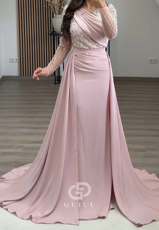 Blushing Pink Long Sleeves Scoop Sequins Ruched Prom Dress