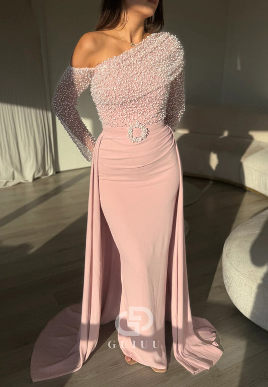Blushing Pink Long Sleeves Sequins Sheath Evening Dress
