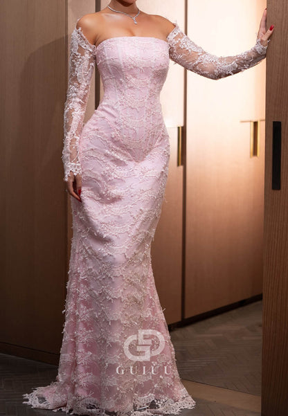 Blushing Pink Long Sleeves Square Appliques A-Line Evening Dress