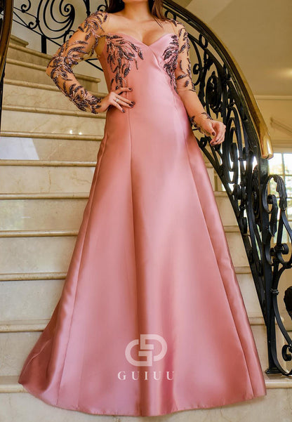 Blushing Pink Long Sleeves Sweetheart Appliques Mother of the Bride Dress