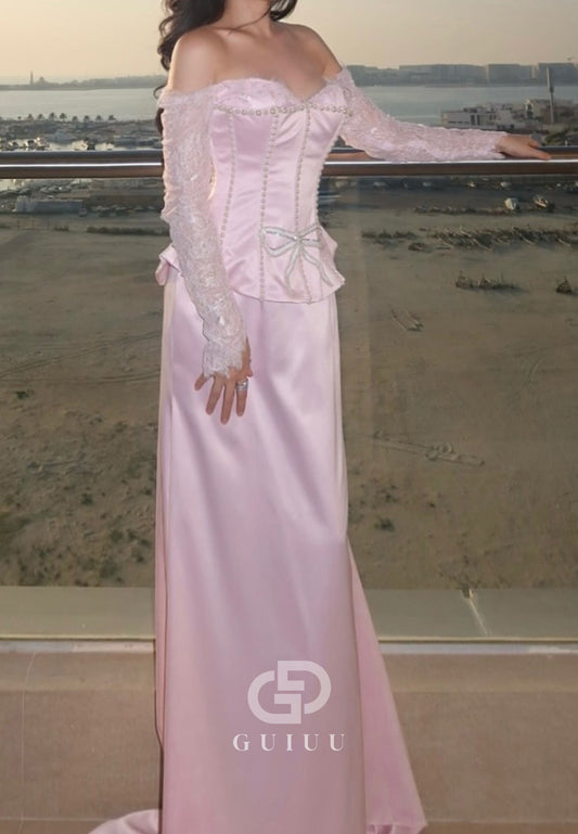 Blushing Pink Long Sleeves Sweetheart Corset Empire-Waist Prom Dress