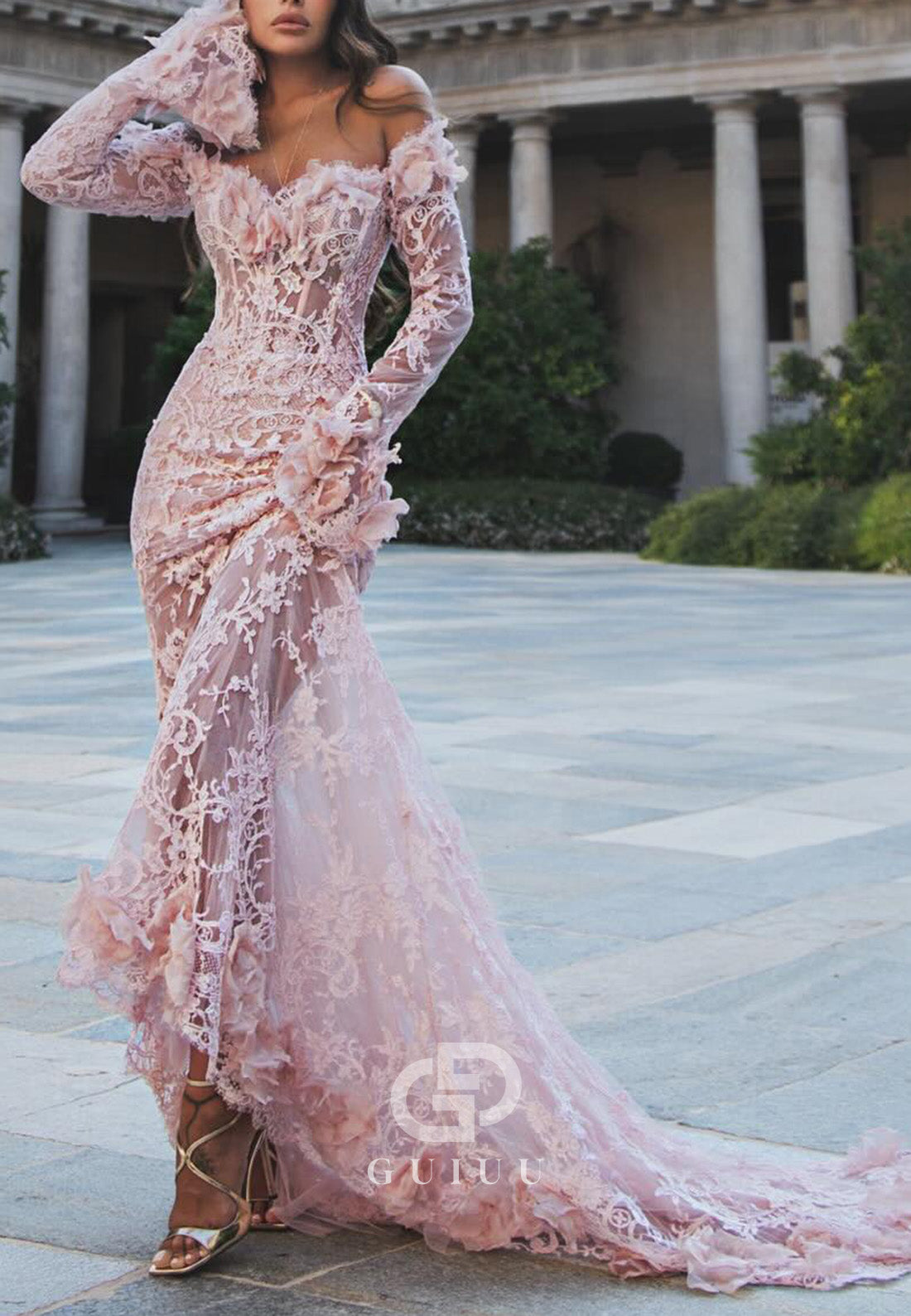 Blushing Pink Long Sleeves Sweetheart Corset Lace Prom Dress