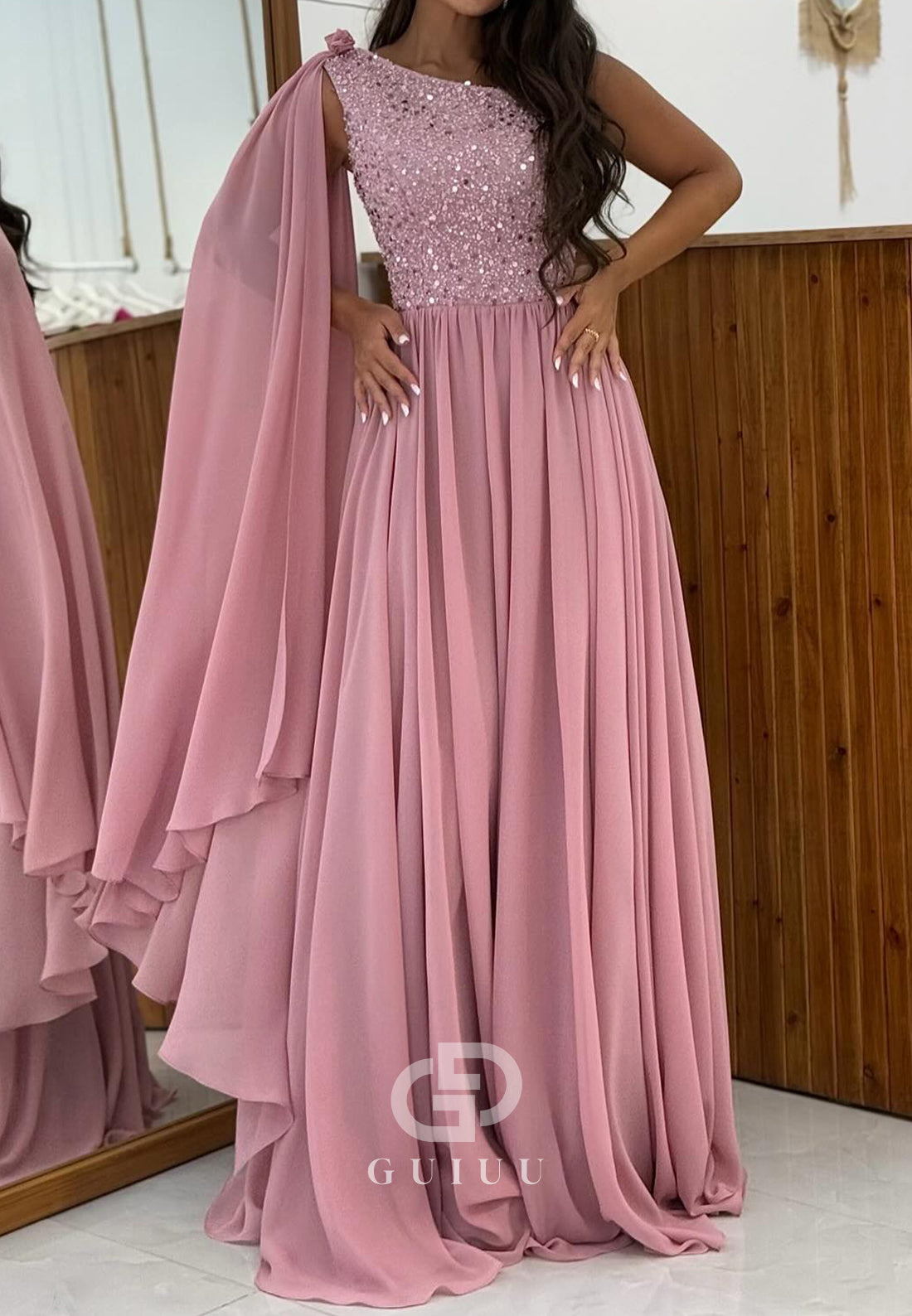 Blushing Pink One SHoulder Sequins A-Line Chiffon Evening Dress