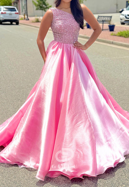 Blushing Pink One Shoulder Sequins A-Line Prom Dress