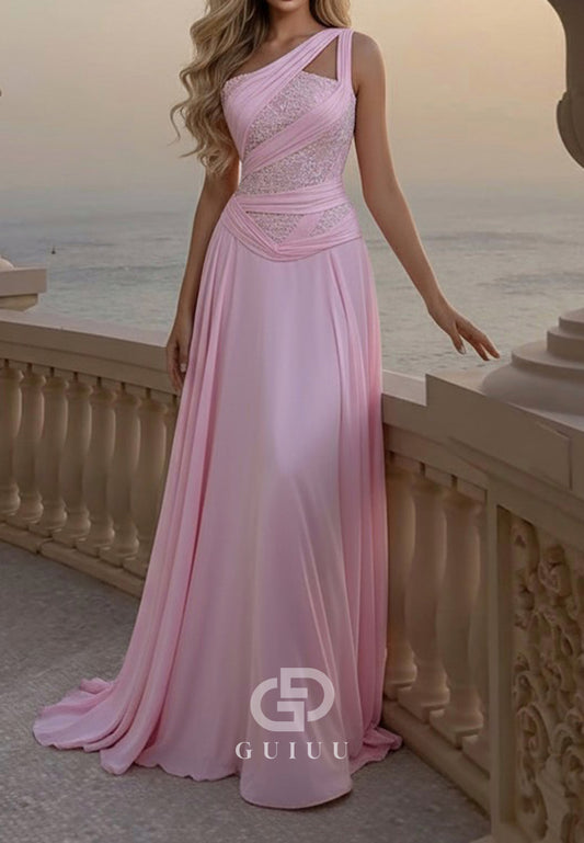Blushing Pink One Shoulder Sleeveless A-Line Chiffon Prom Dress
