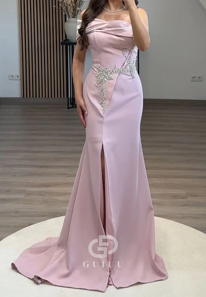 Blushing Pink One Shoulder Sleeveless Strapless Slit Prom Dress
