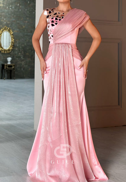 Blushing Pink Scoop Sleeveless Beads Ruched Prom Dress