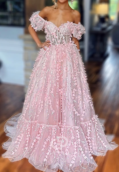 Blushing Pink Short Sleeves Off-Shoulder A-Line Prom Dress