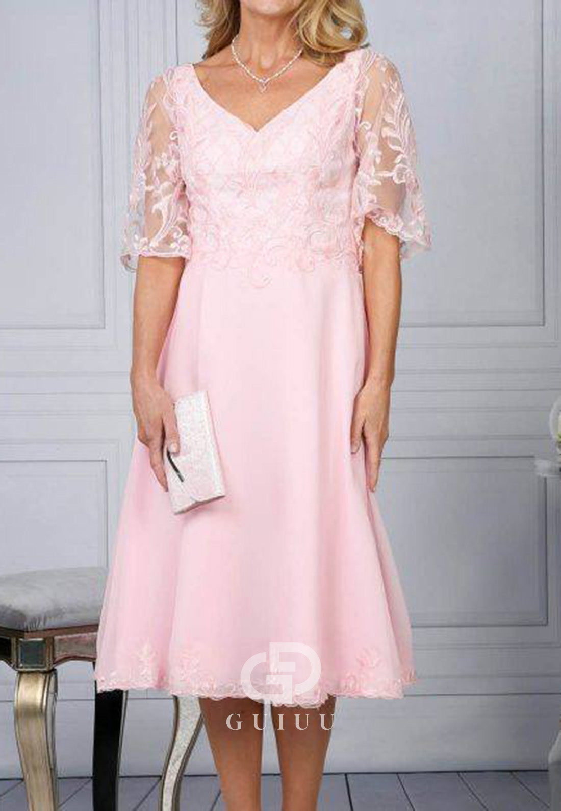 Blushing Pink Short Sleeves V-Neck A-Line Mother of the Bride Dress
