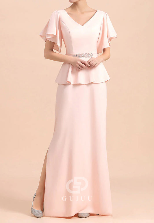 Blushing Pink Short Sleeves V-Neck Empire-Waist Mother of the Bride Dress