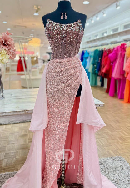 Blushing Pink Sleeveeless Strapless Slit Sequins Prom Dress