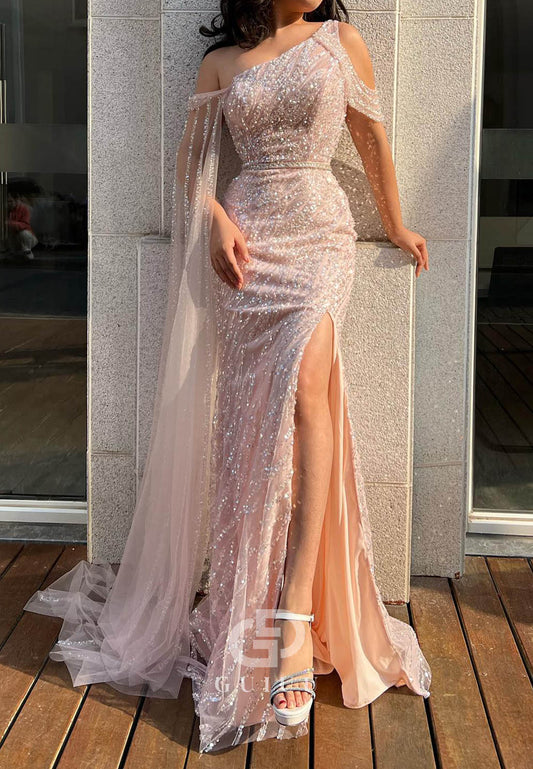 Blushing Pink Sleeveless Empire-Waist Sequins Prom Dress