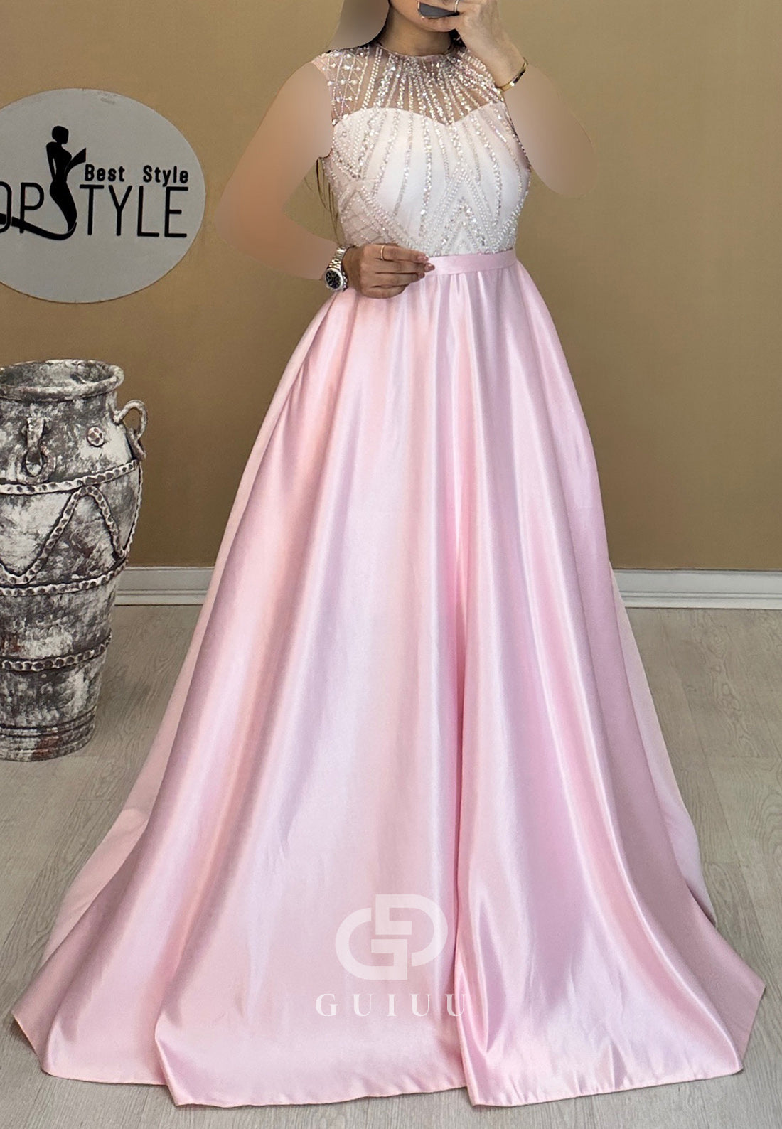 Sleeveless Scoop Empire-Waist Sequins Evening Dress