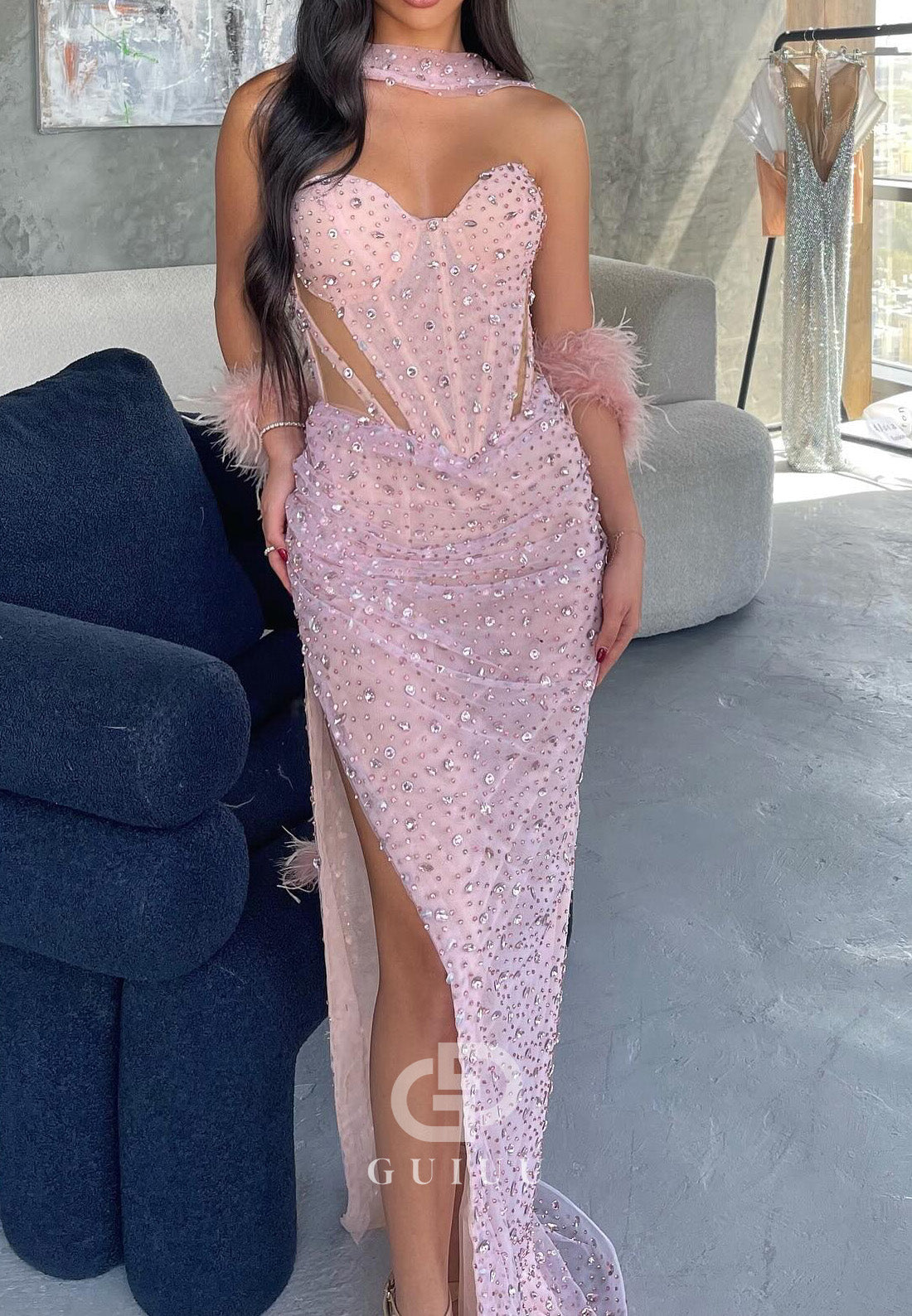 Blushing Pink Sleeveless Strapless Beads Corset Prom Dress