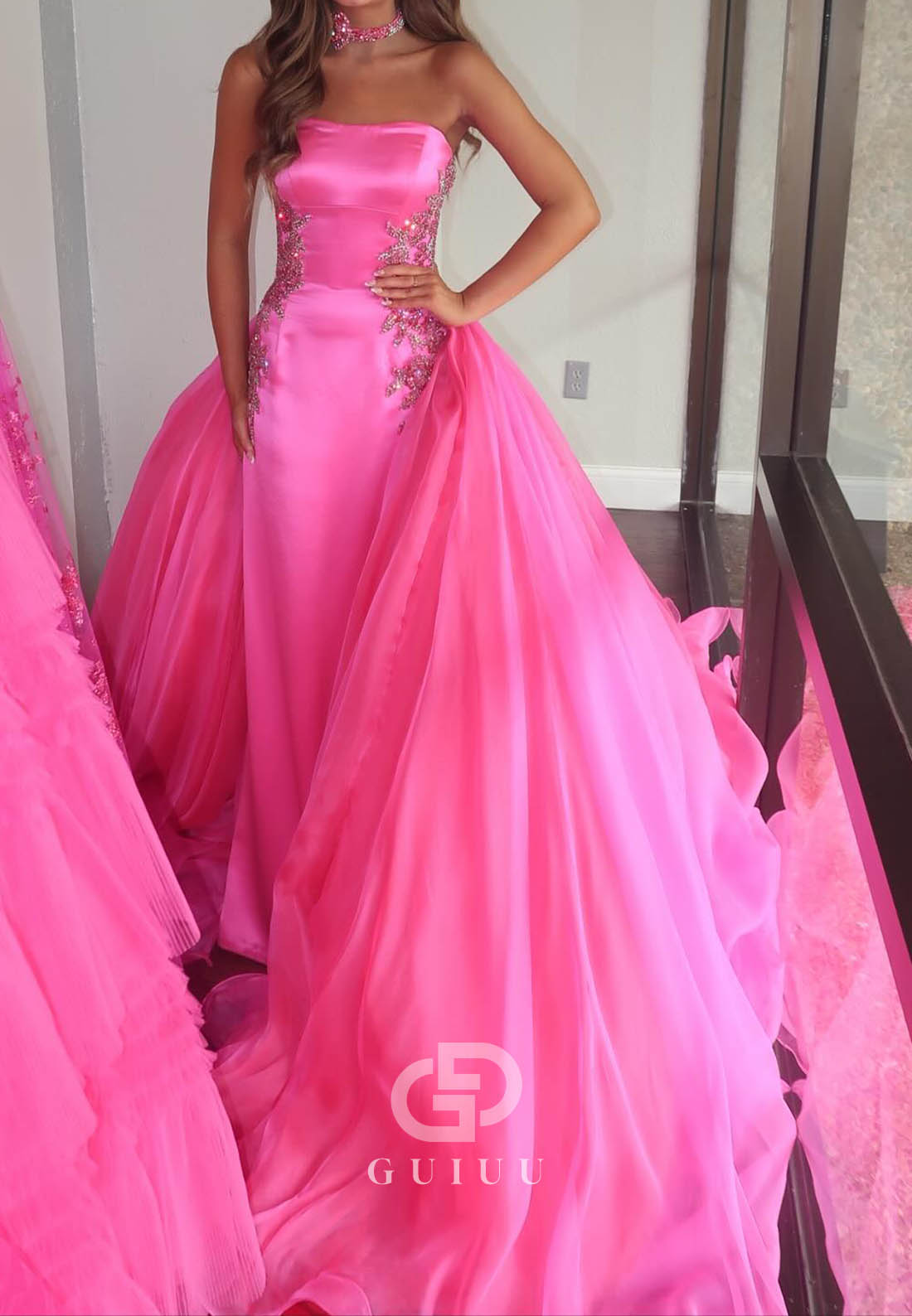 Blushing Pink Sleeveless Strapless Beads  Prom Dress