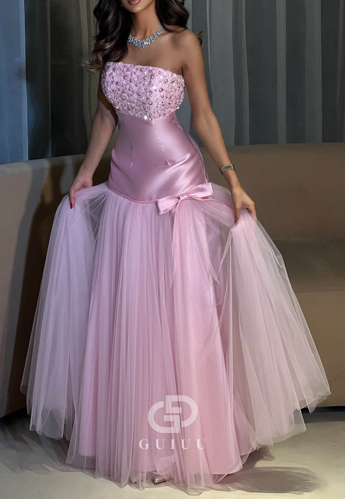 Blushing Pink Sleeveless Strapless Bowknot A-Line Prom Dress