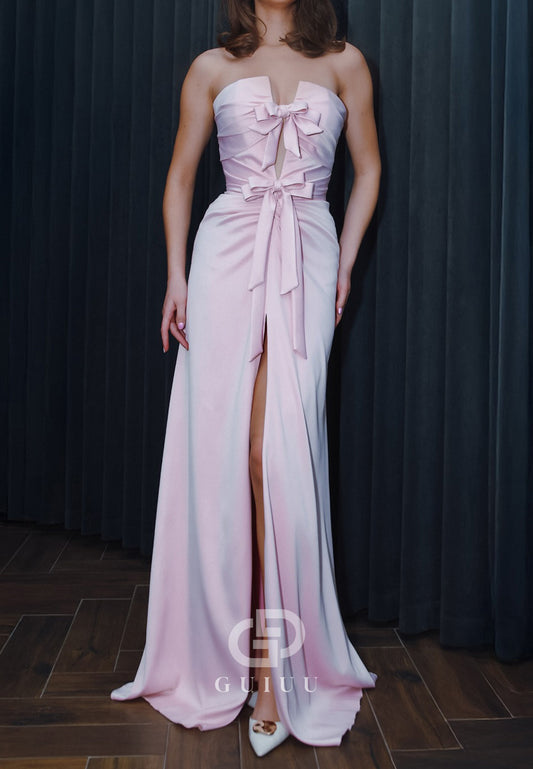 Blushing Pink Sleeveless Strapless Bowknot Slit Prom Dress