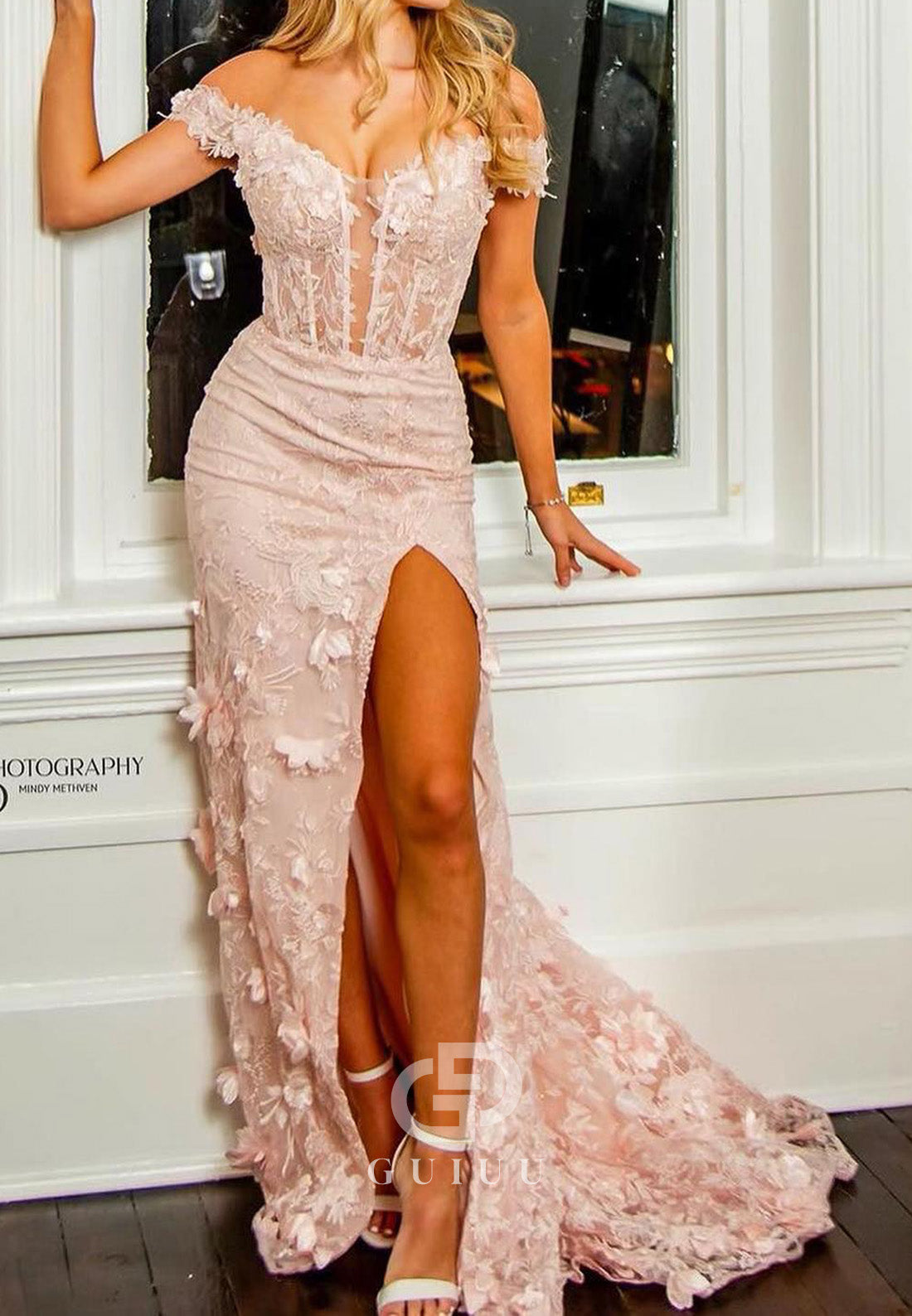 Blushing Pink Sleeveless Strapless Corset Tulle Slit Prom Dress