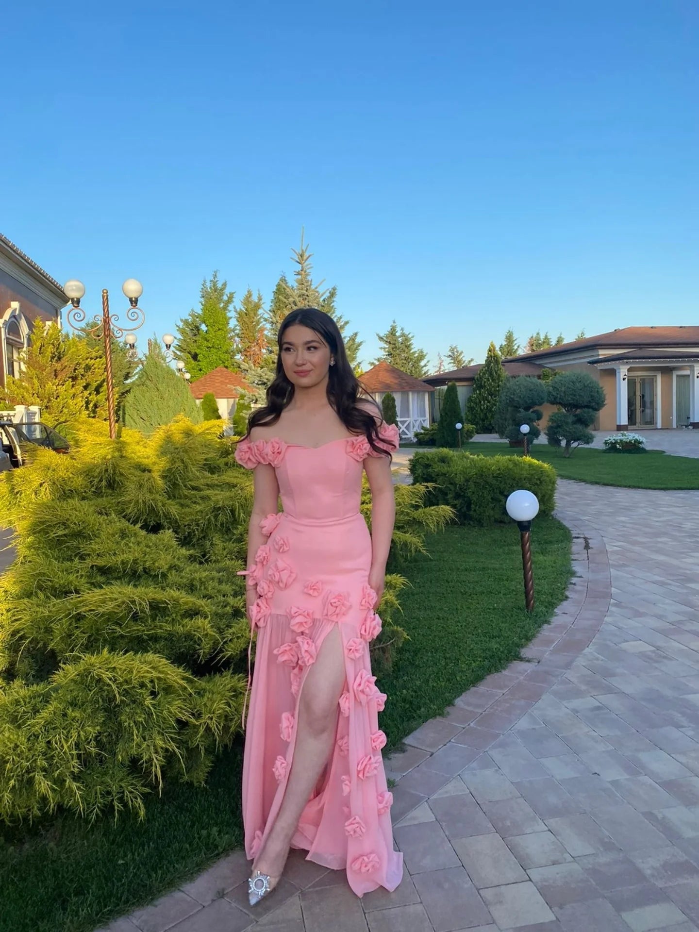 Blushing Pink Sleeveless Strapless Floral Appliques Prom Dress