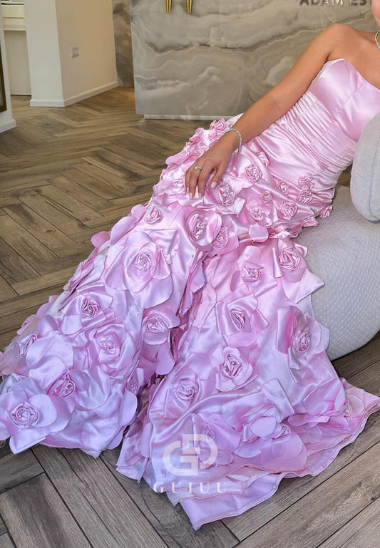 Blushing Pink Sleeveless Strapless Floral Appliques Prom Dress
