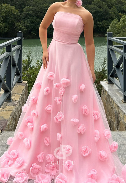 Blushing Pink Sleeveless Strapless Floral Appliques Prom Dress