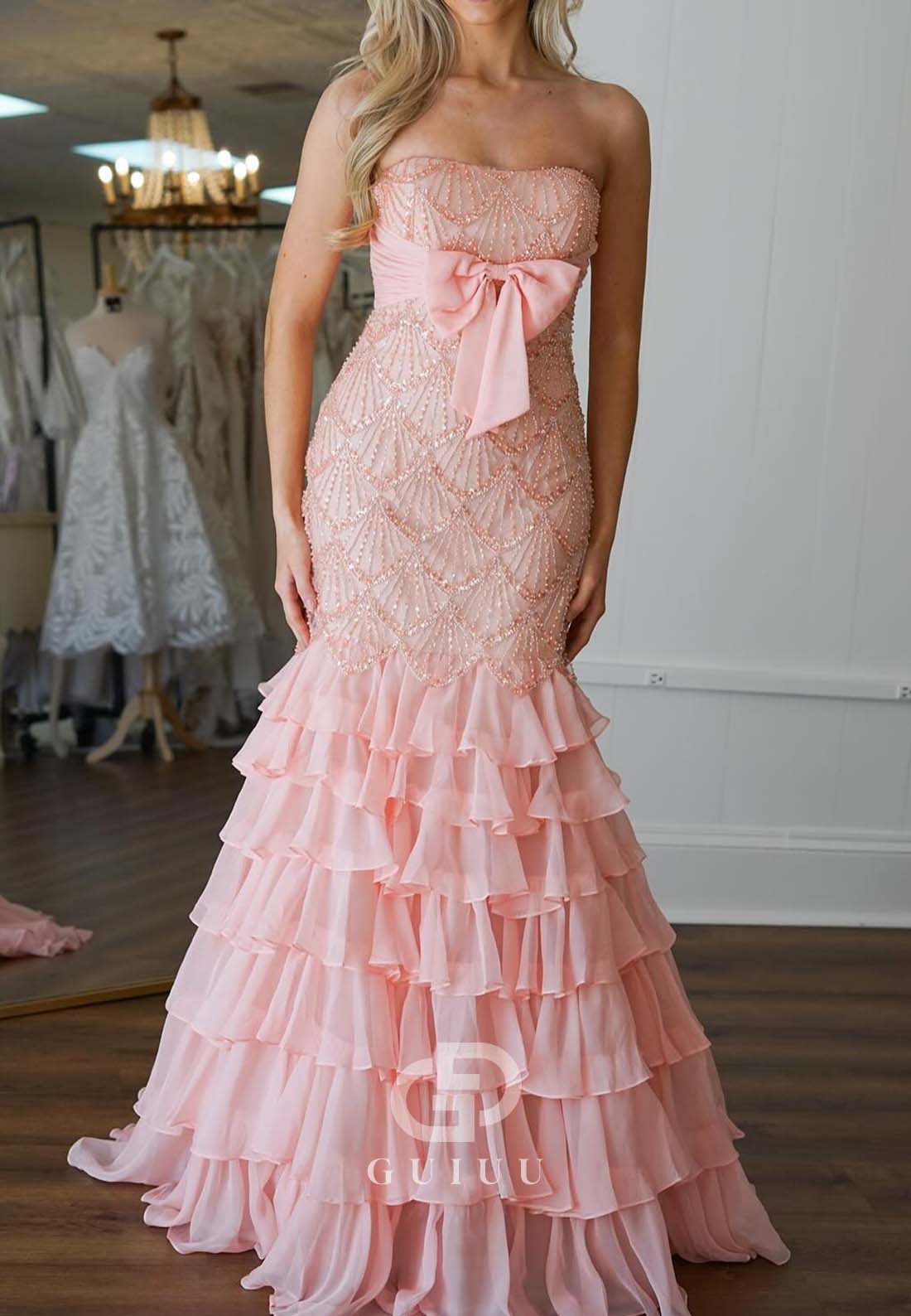 Blushing Pink Sleeveless Strapless Prom Dress with Ruffles Bowknot Evening Dress
