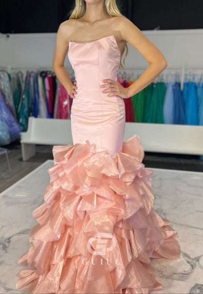 Blushing Pink Sleeveless Strapless Ruffles Mermaid Prom Dress