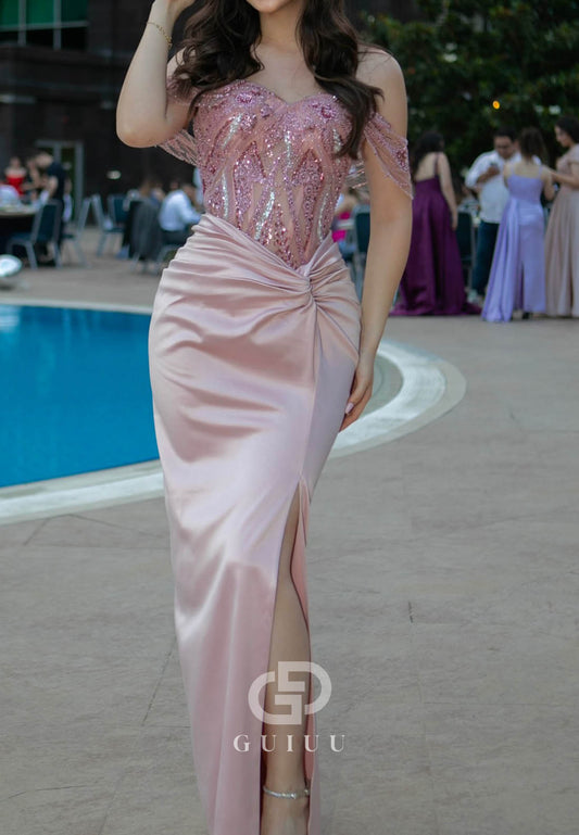 Blushing Pink Sleeveless Strapless Sequins Slit Prom Dress