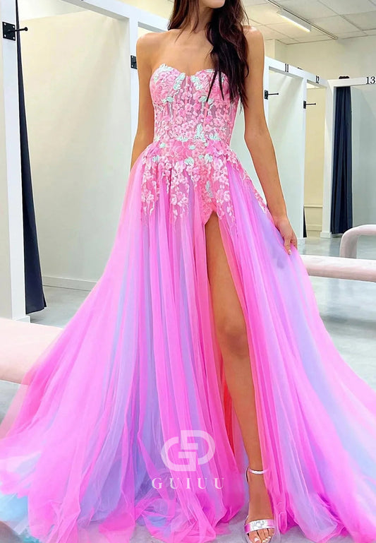 Blushing Pink Sleeveless Strapless Slit Prom Dress