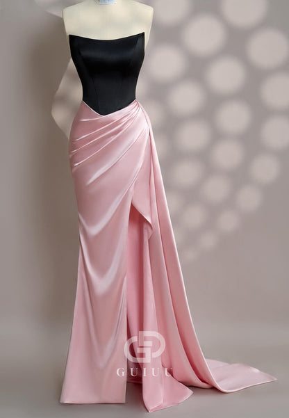 Blushing Pink Sleeveless Strapless Slit Ruched Prom Dress