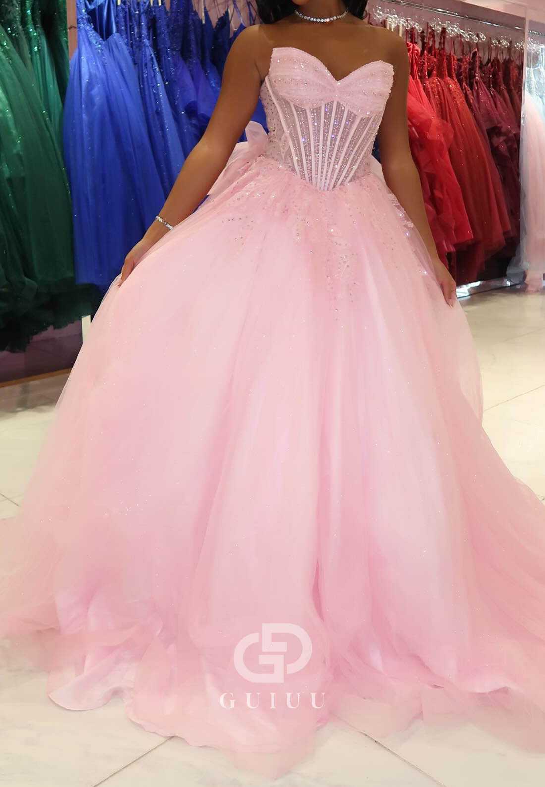 Blushing Pink Sleeveless Sweetheart Corset Tulle Prom Dress