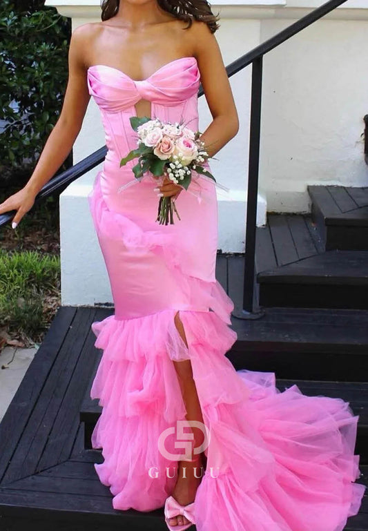 Blushing Pink Sleeveless Sweetheart Ruffles Slit Prom Dress
