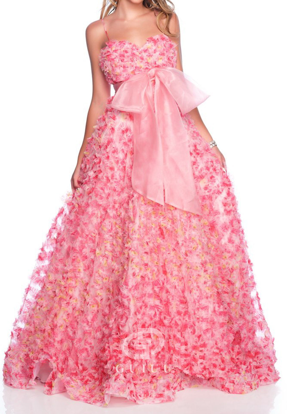 Blushing Pink Spaghetti Straps Appliques Bowknot Wedding Dress