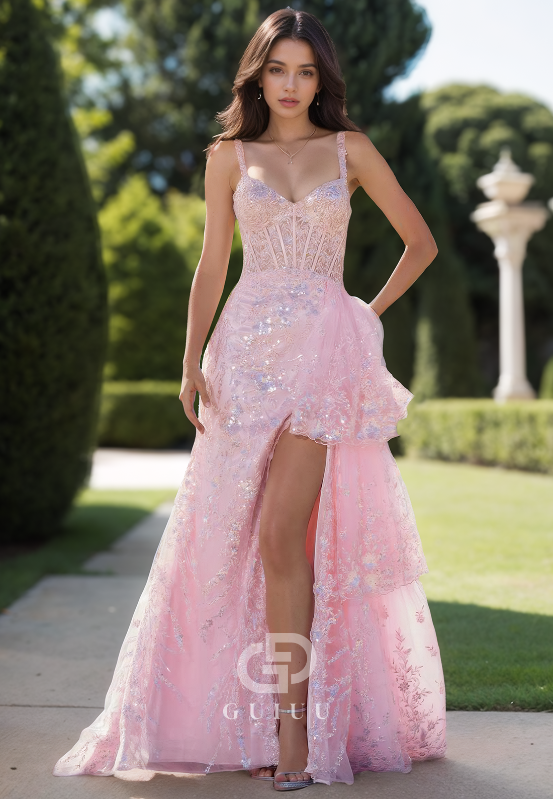 Blushing Pink Spaghetti Straps Prom Dress with Slit Appliques Evening Party Dress
