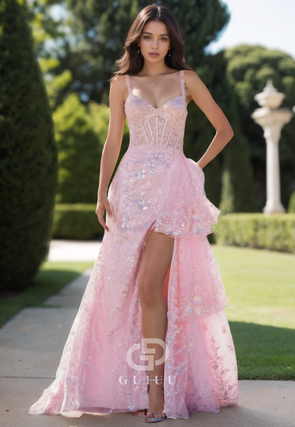 Blushing Pink Spaghetti Straps Prom Dress with Slit Appliques Evening Party Dress