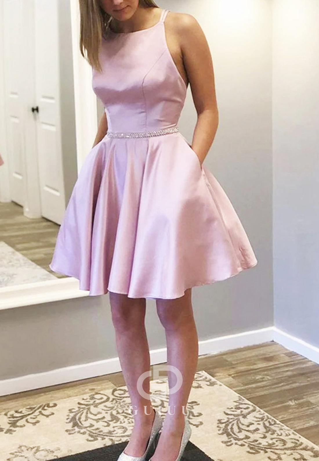 Blushing Pink Spaghetti Straps Scoop A-Line Prom Dress