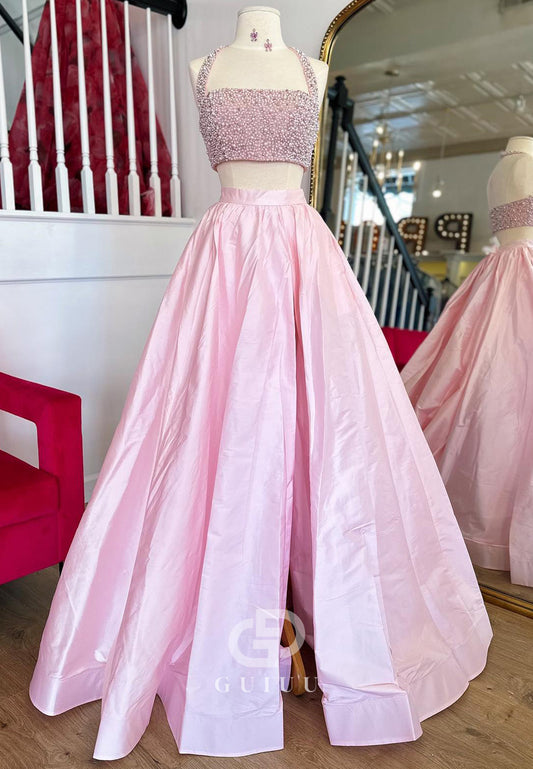 Blushing Pink Spaghetti Straps Square Pearls Prom Dress