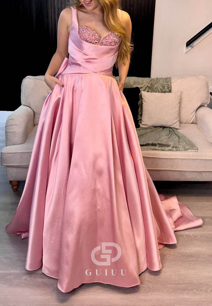 Blushing Pink Spaghetti Straps Square Sequins  Prom Dress