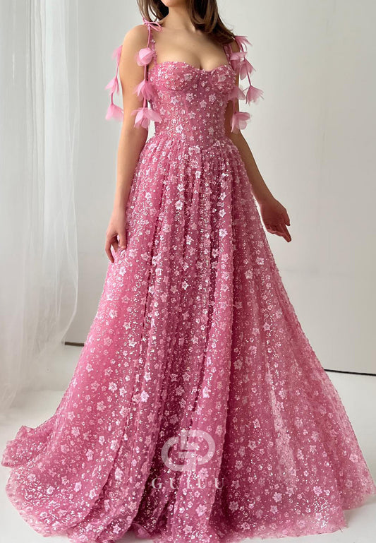 Blushing Pink Spaghetti Straps Sweetheart Appliques Prom Dress