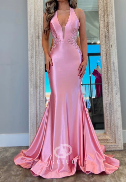 Blushing Pink Spaghetti Straps V-Neck Corset Mermaid Prom Dress