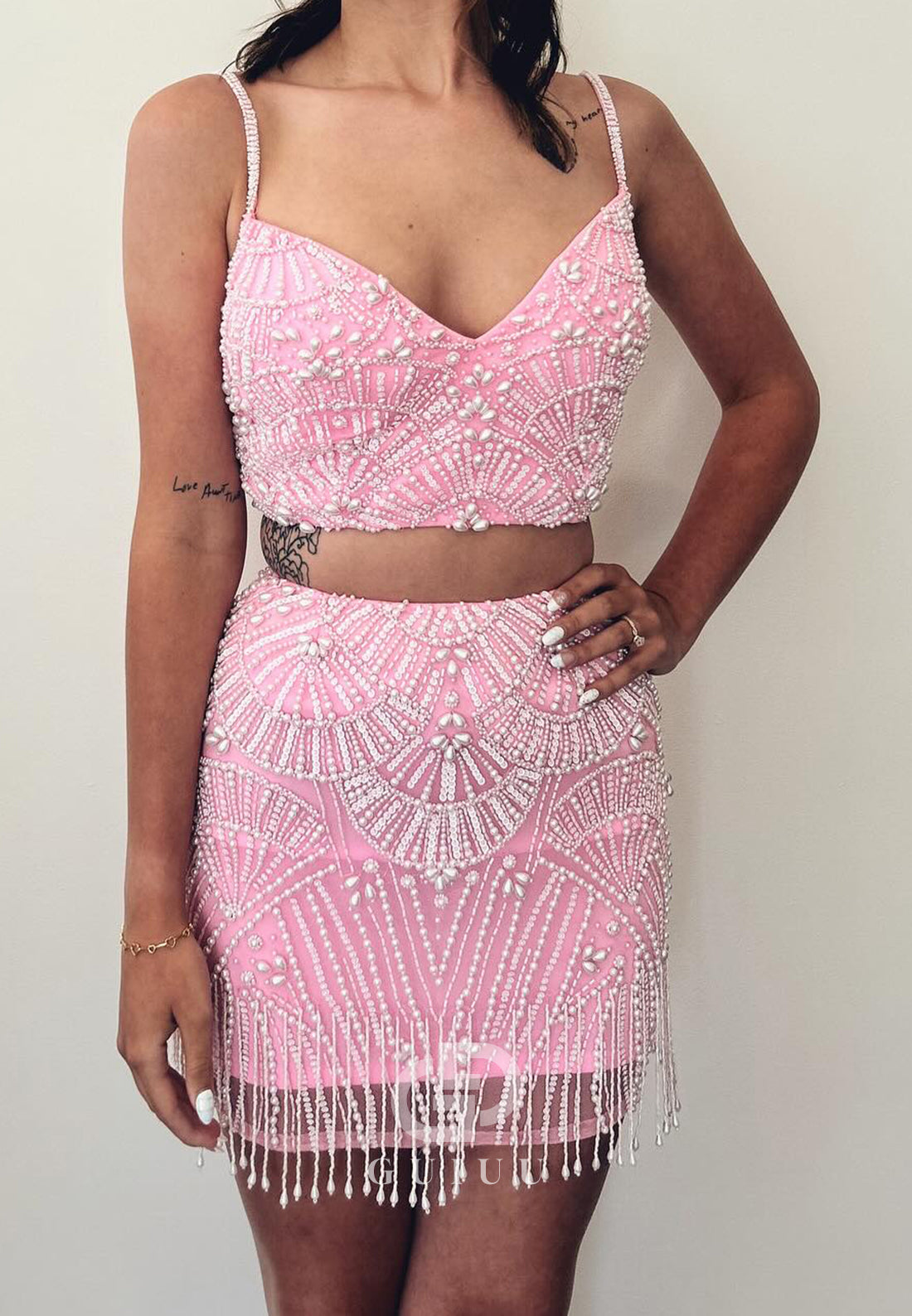 Blushing Pink Spaghetti Straps V-Neck Pearls Homecoming Dress