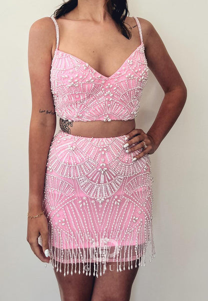 Blushing Pink Spaghetti Straps V-Neck Pearls Homecoming Dress