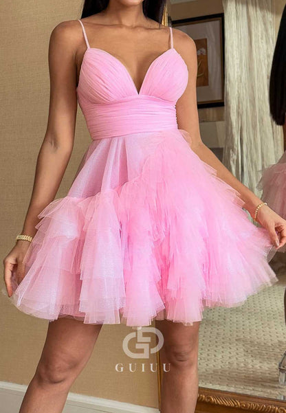 Blushing Pink Spaghetti Straps V-Neck Ruffles Homecoming Dress