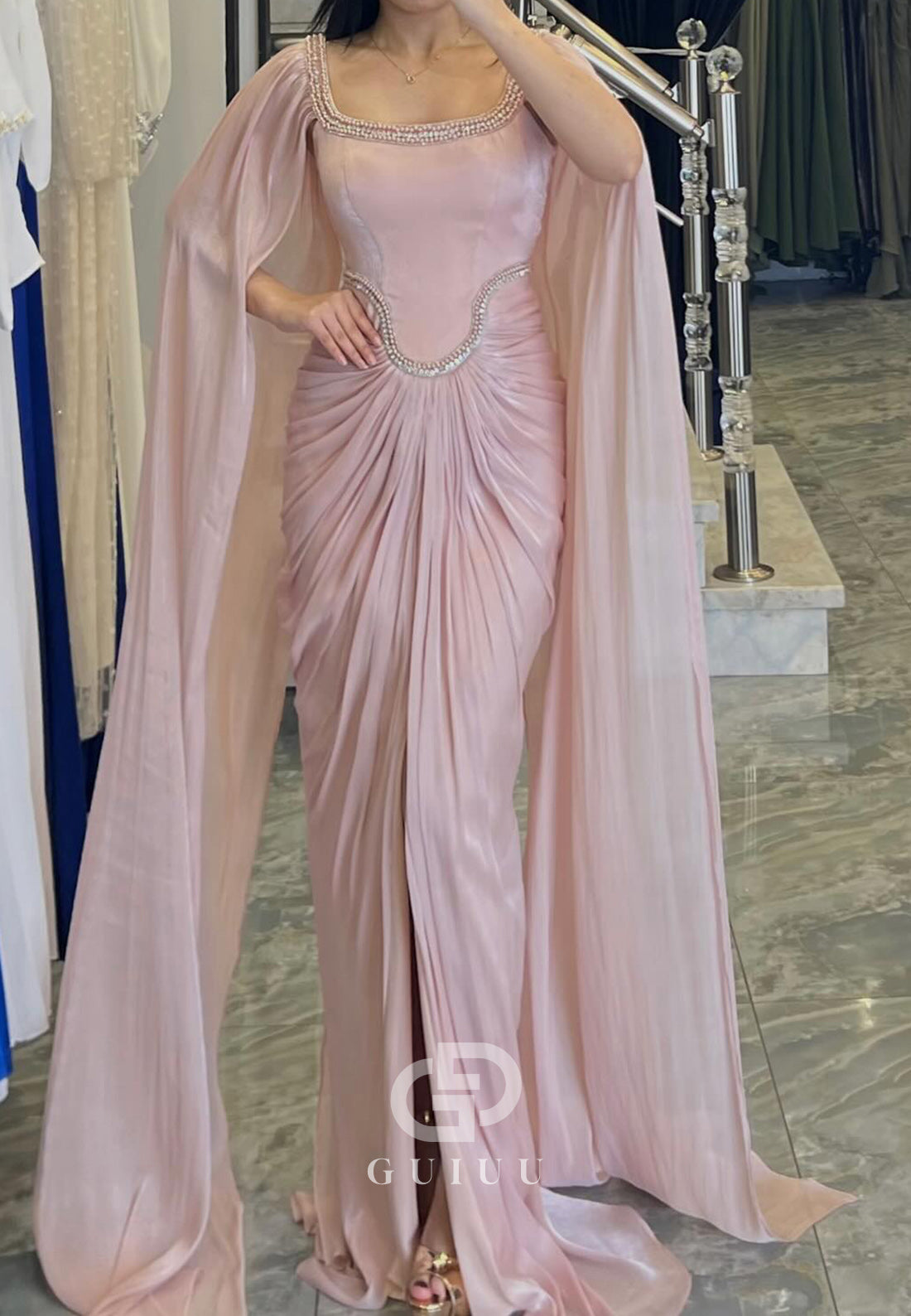 Blushing Pink Square Cap Sleeves Ruched Evening Dress