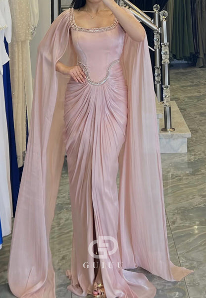 Blushing Pink Square Cap Sleeves Ruched Evening Dress