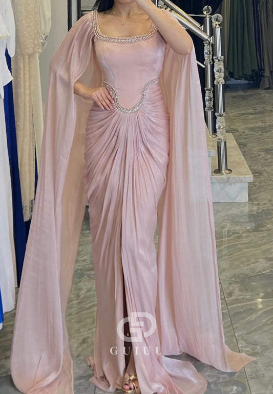 Blushing Pink Square Cap Sleeves Ruched Evening Dress