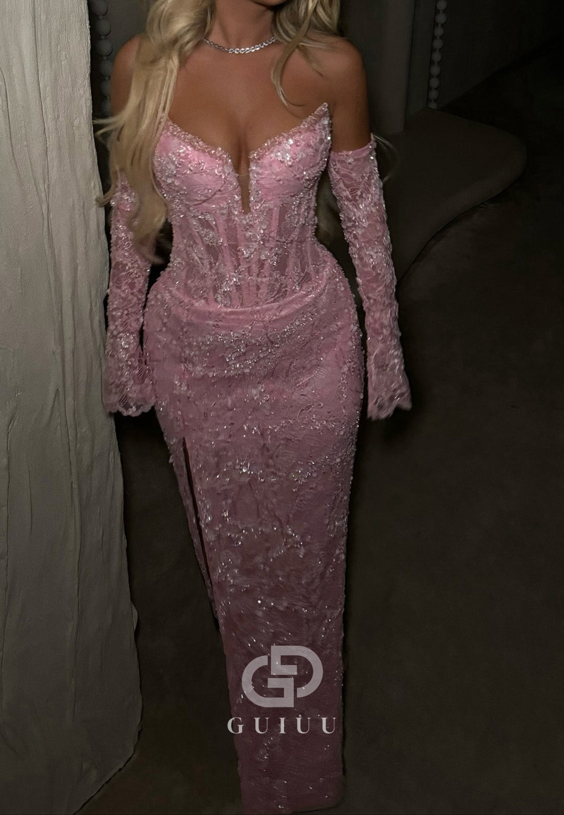 Blushing Pink Sweetheart Long Sleeves Corset Tulle Lace Prom Dress